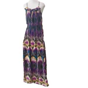 100% Silk Parker Festival Maxi Dress Abstract Purple Black and Yellow Sz Medium